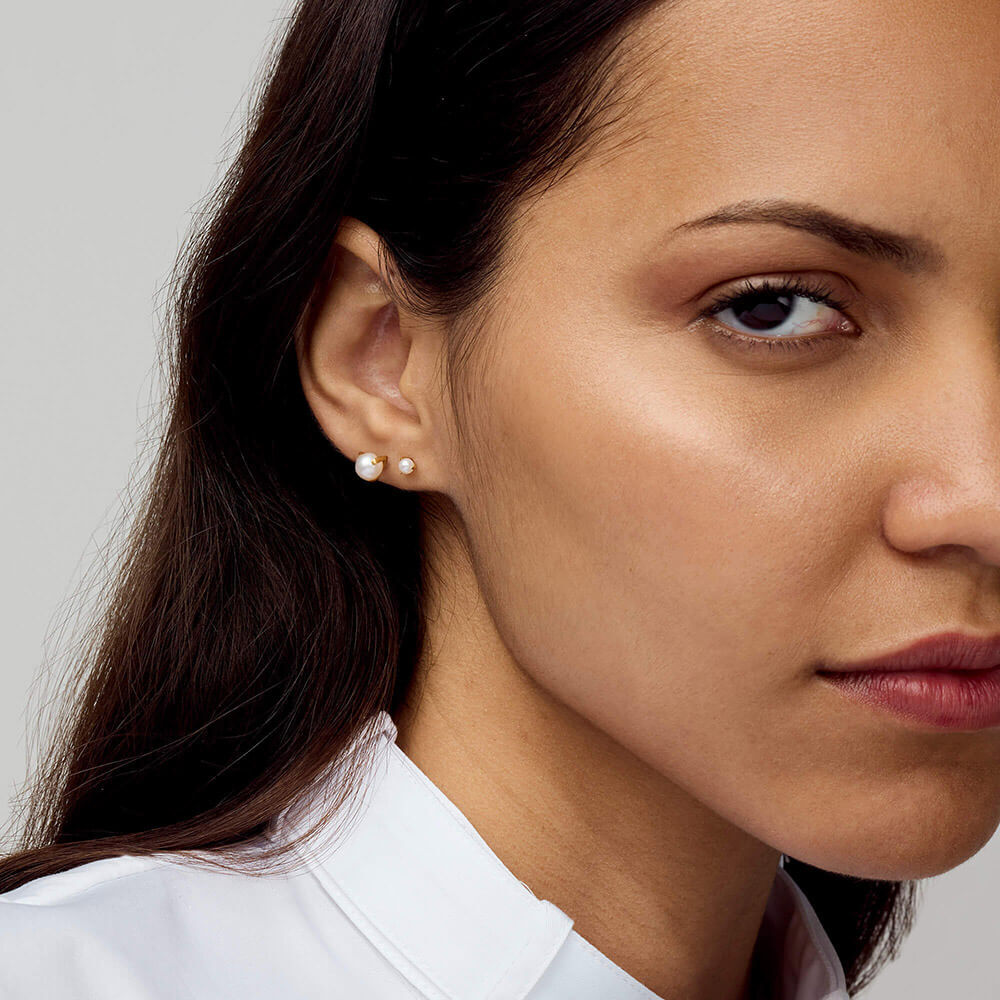 Pearl Nap Earrings, 3mm and 6mm (Gold) on model