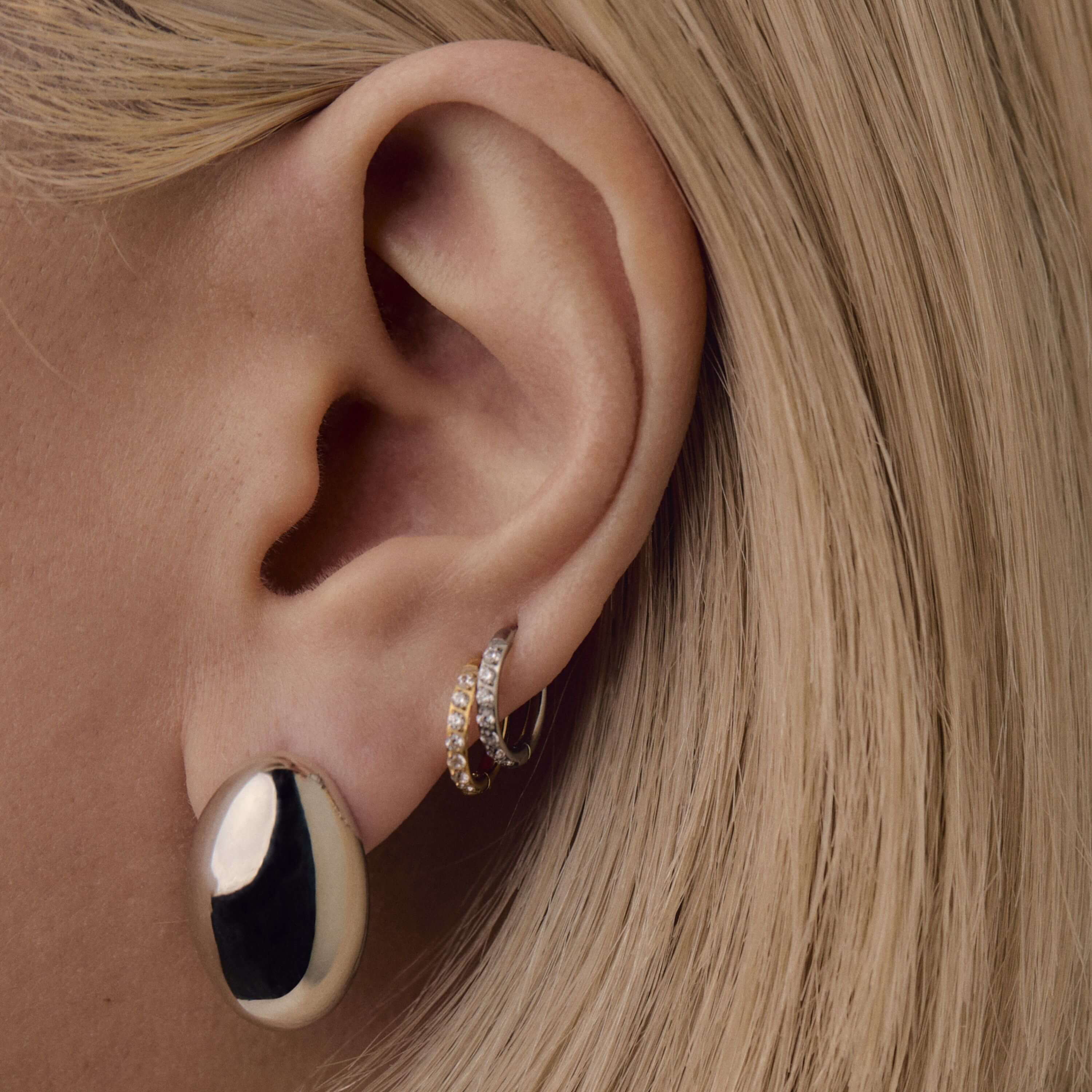 Pave Huggie Hoops, 11mm and Oversized Oval Studs on Model
