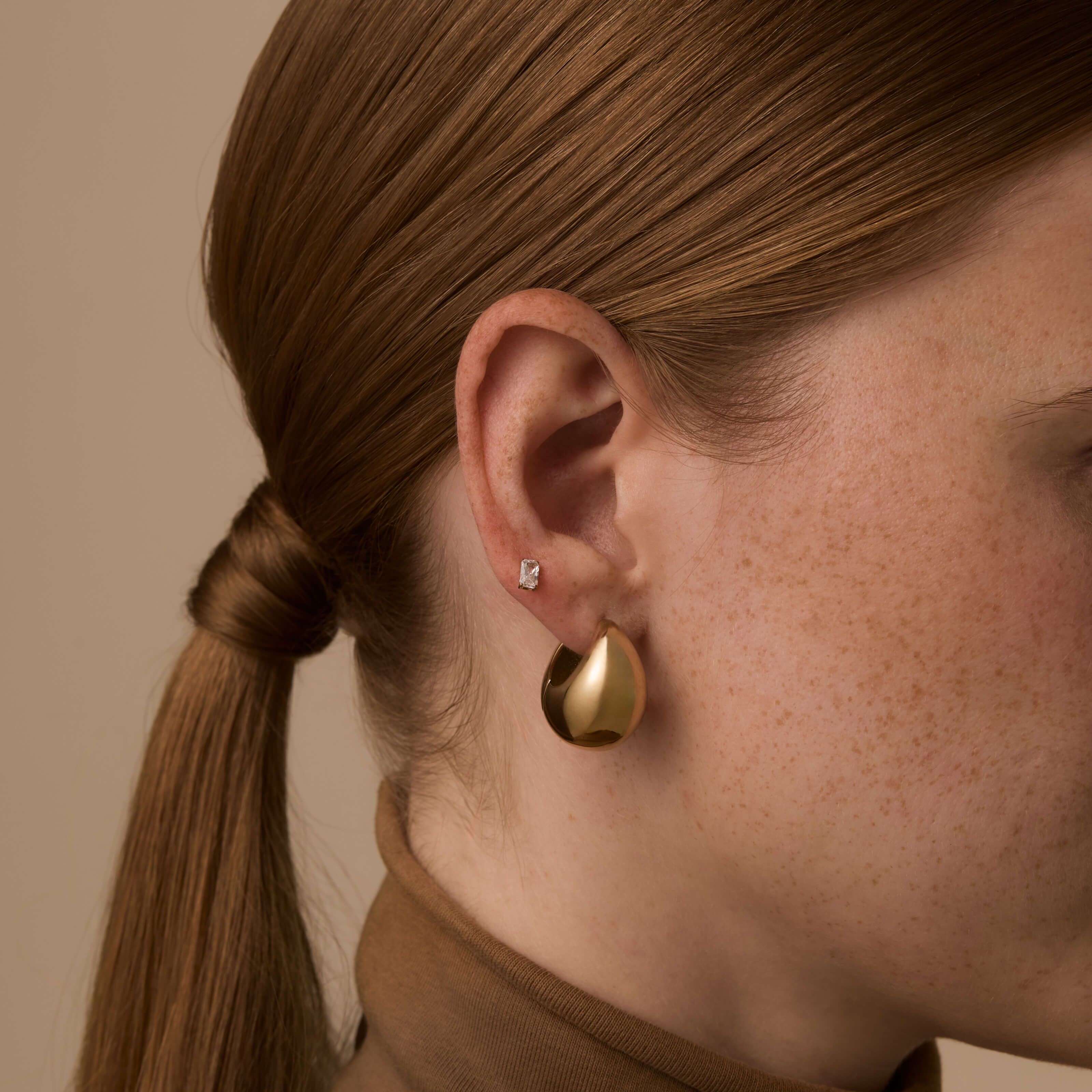 Cloud Hoops and Celestial Crystal Emerald Cut, 6mm Nap Earrings in Gold - On Model