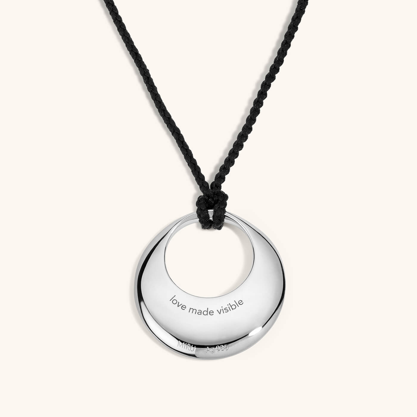 Equilibrium Fine Pendant Necklace - Back in Sterling Silver Close Up (Phrase: love made visible)