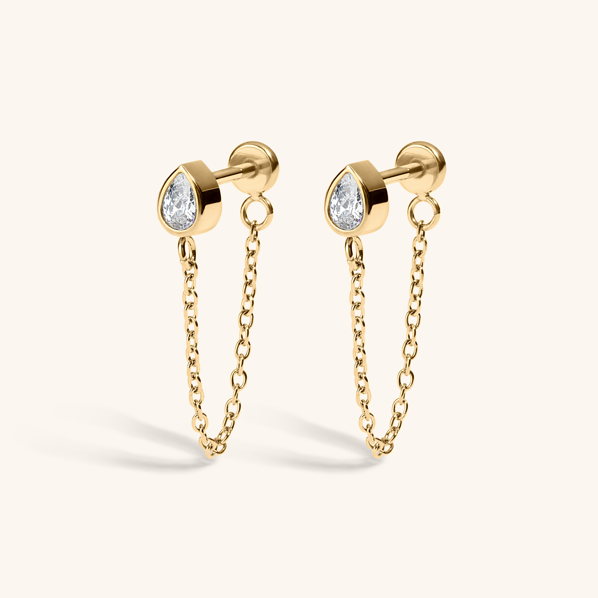 Bezel Pear Chain Nap Earrings (Titanium - Gold)