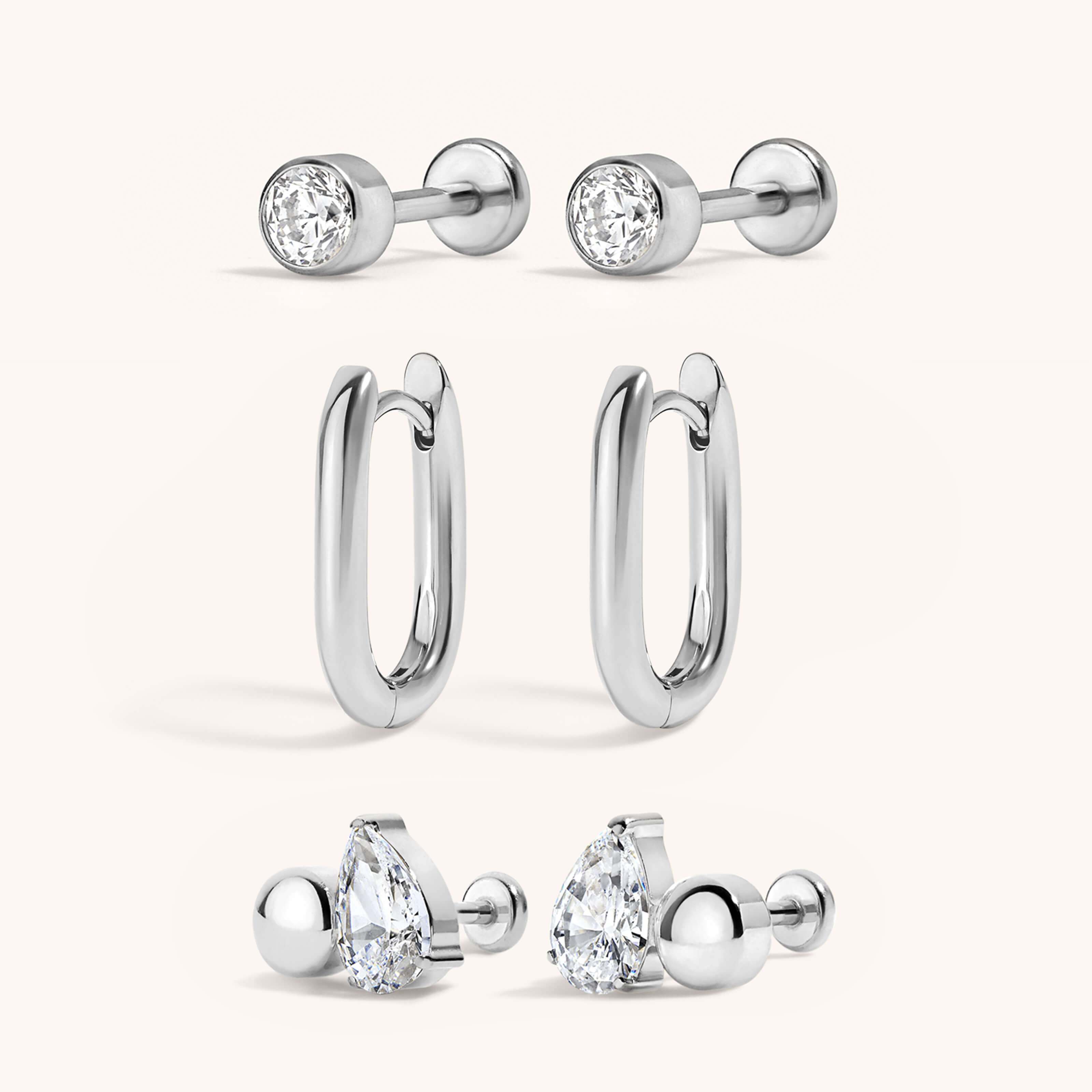 Expressionist Stack - Celestial Crystal Bezel Solitaire and Toi Et Moi Nap Earrings with Halo Oval Hoops, 15mm Silver