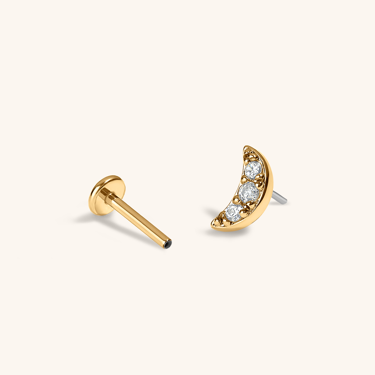 Pave Moon Push Pin Flat Back Earring (Titanium - Gold)