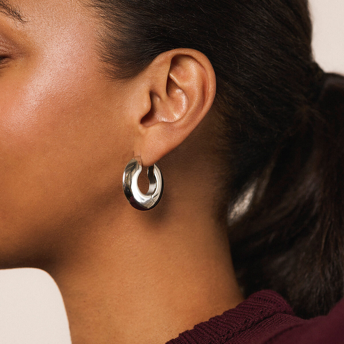 Puffy Disc Hoops - Silver - On Model