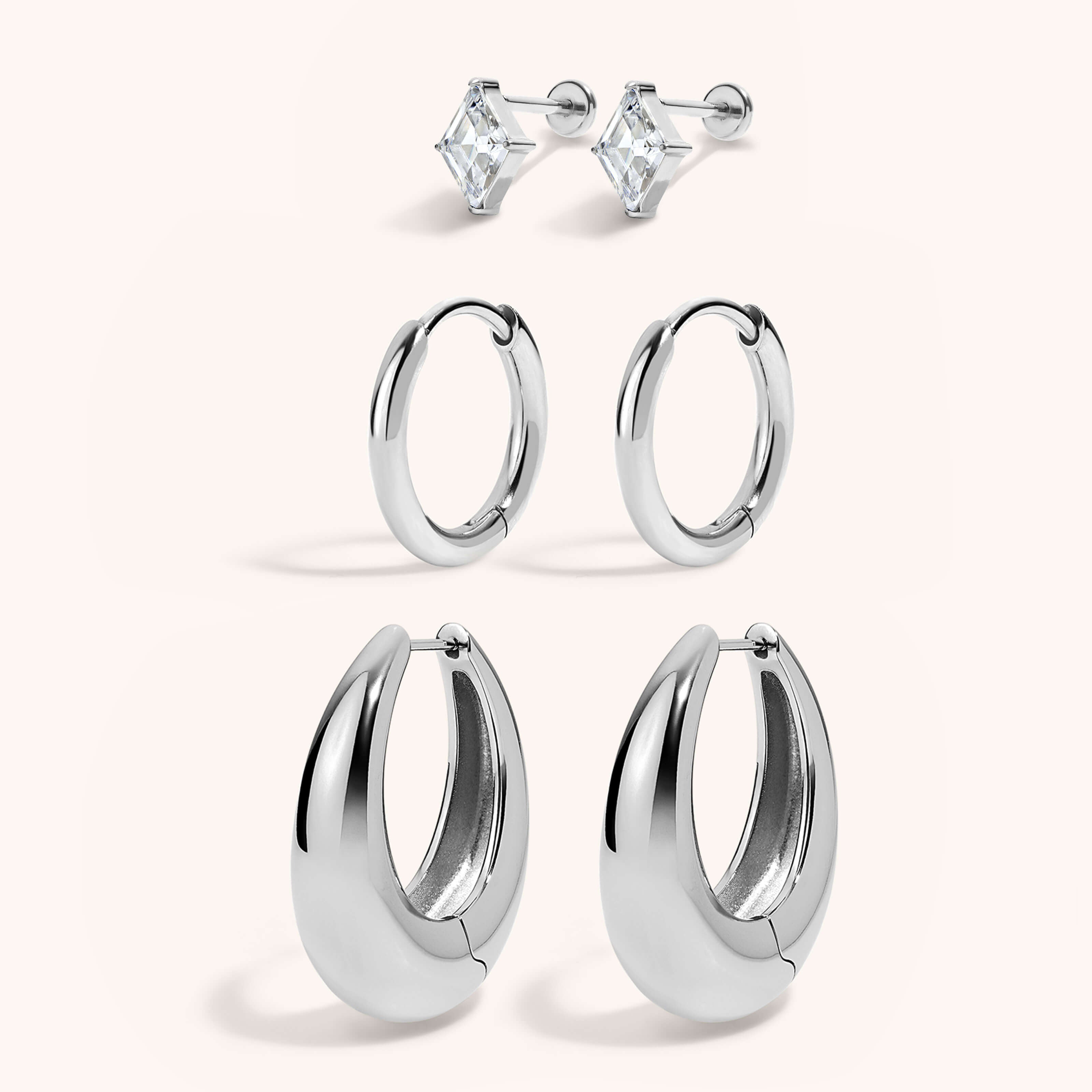 Secret Garden Stack - Celestial Crystal Lozenge Nap Earrings with Classic Huggie Hoops, 11mm and Oeuf Hoops Silver
