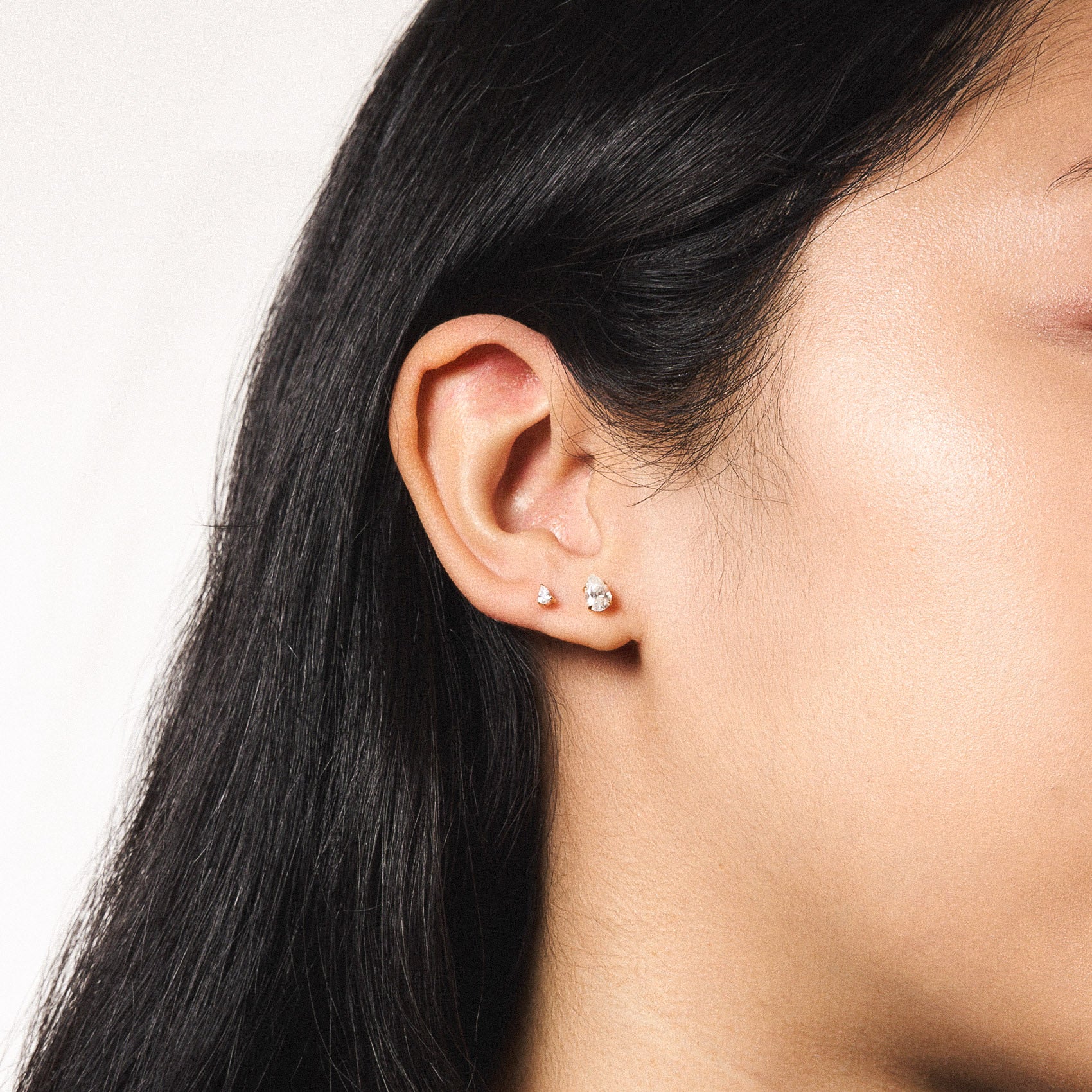 Celestial Crystal Pear Nap Earrings, 3mm and 6mm (Gold) on model