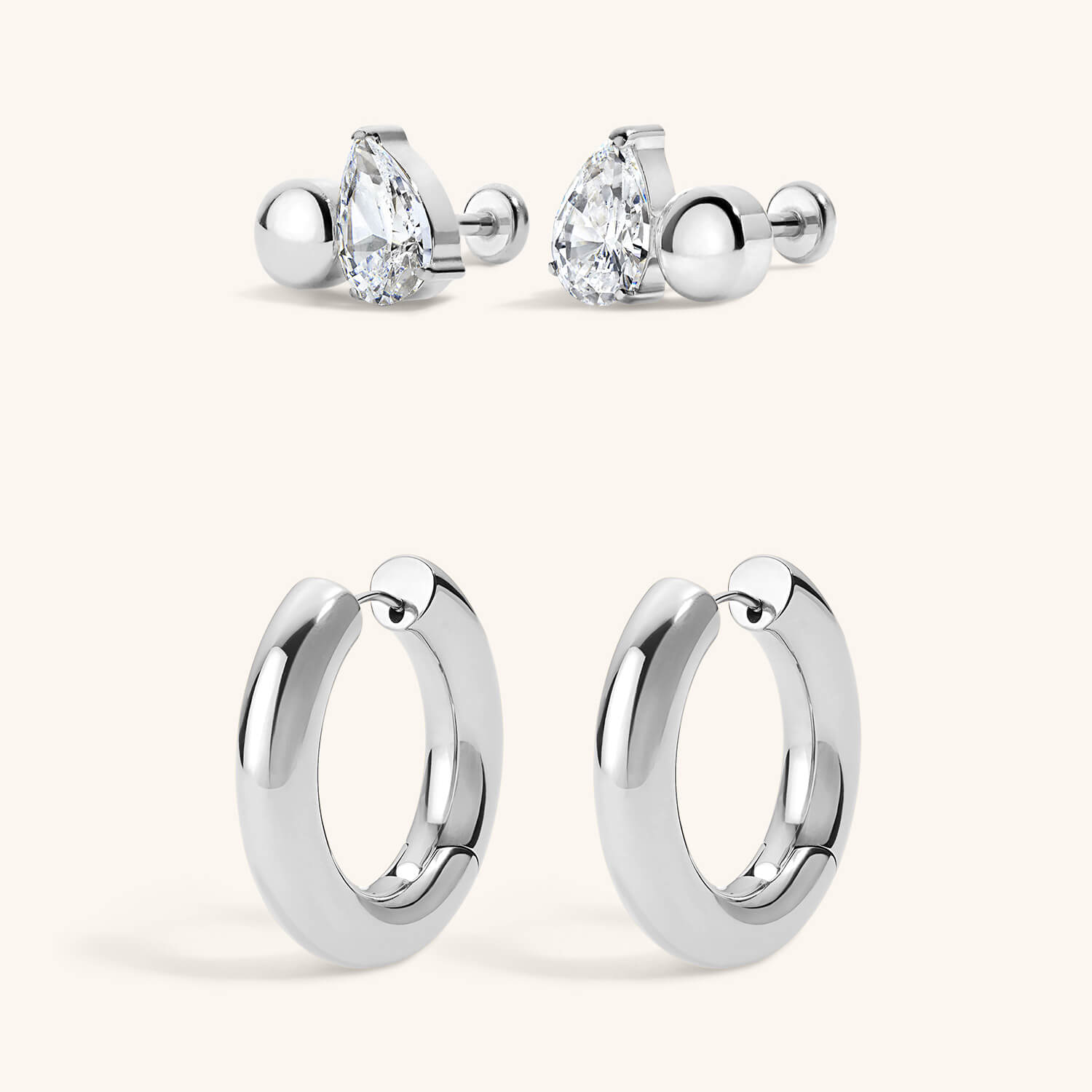 Ever Together Duo - Toi Et Moi Sphere and Pear Nap Earrings and Every Body Hoops in Titanium - Silver