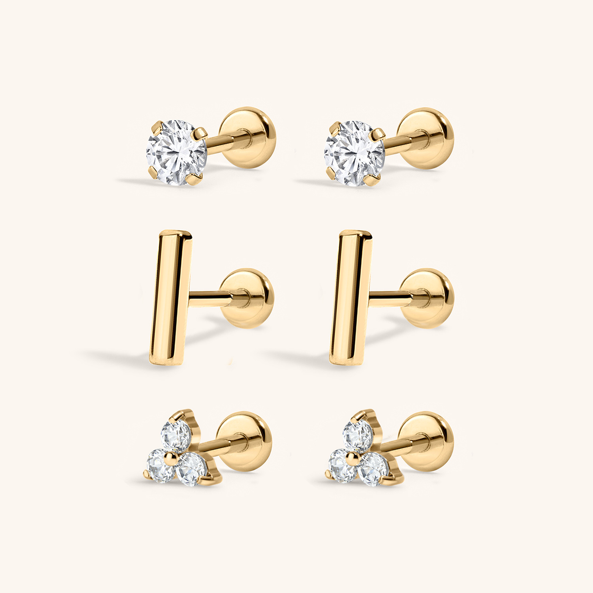 Everyday Nap Earrings Trio (gold) with Celestial Crystal Solitaire Nap Earrings, 3mm, Bar Nap Earrings and Crystal Trinity Nap Earrings