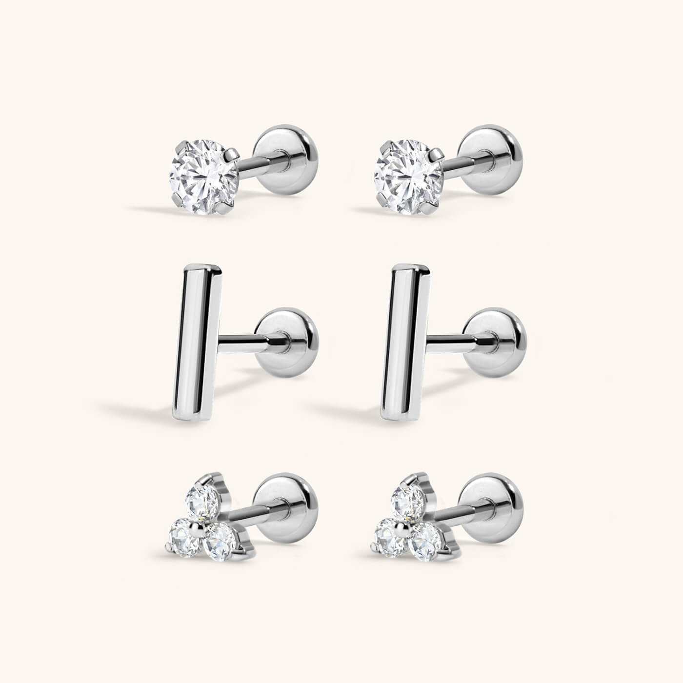 Everyday Nap Earrings Trio (silver) with Celestial Crystal Solitaire Nap Earrings, 3mm, Bar Nap Earrings and Crystal Trinity Nap Earrings