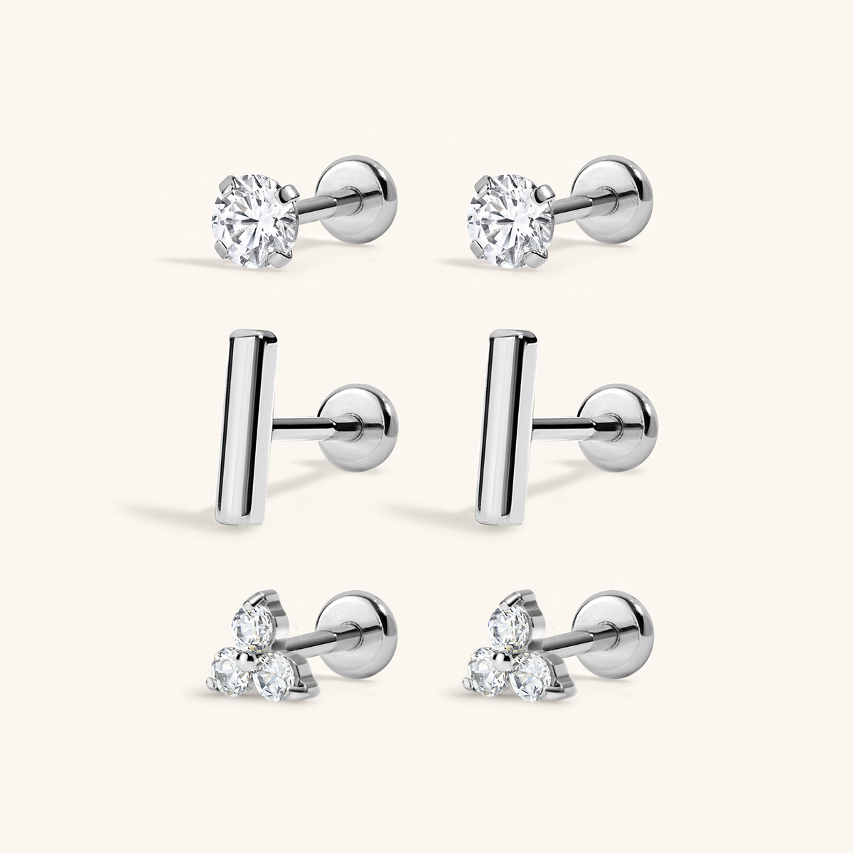 Everyday Nap Earrings Trio (silver) with Celestial Crystal Solitaire Nap Earrings, 3mm, Bar Nap Earrings and Crystal Trinity Nap Earrings