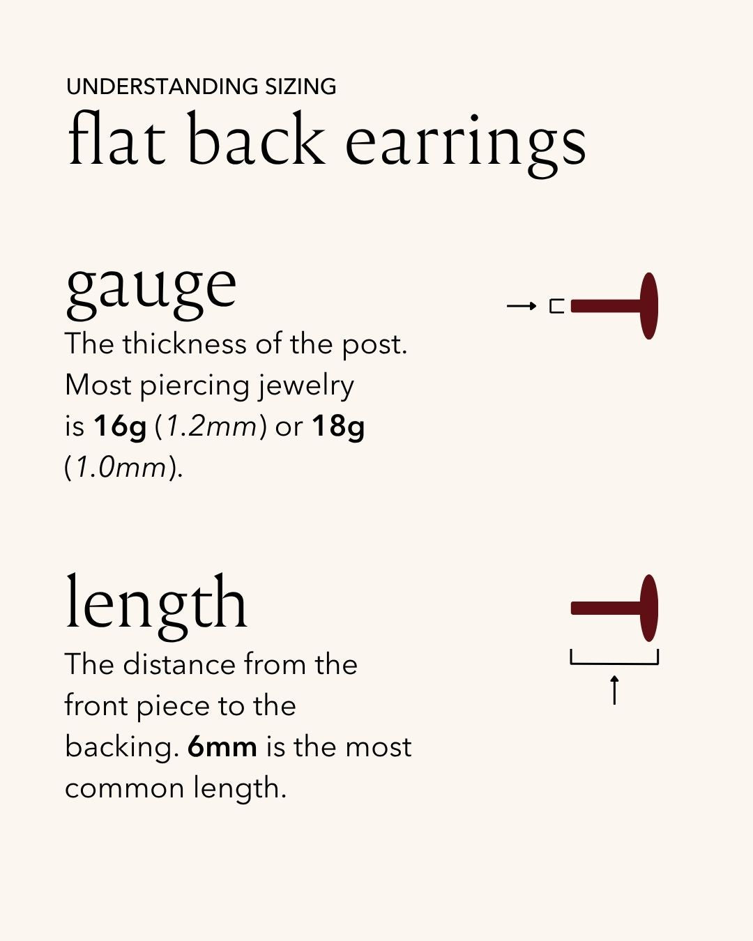 Informational text about flat back earring gauges and lengths