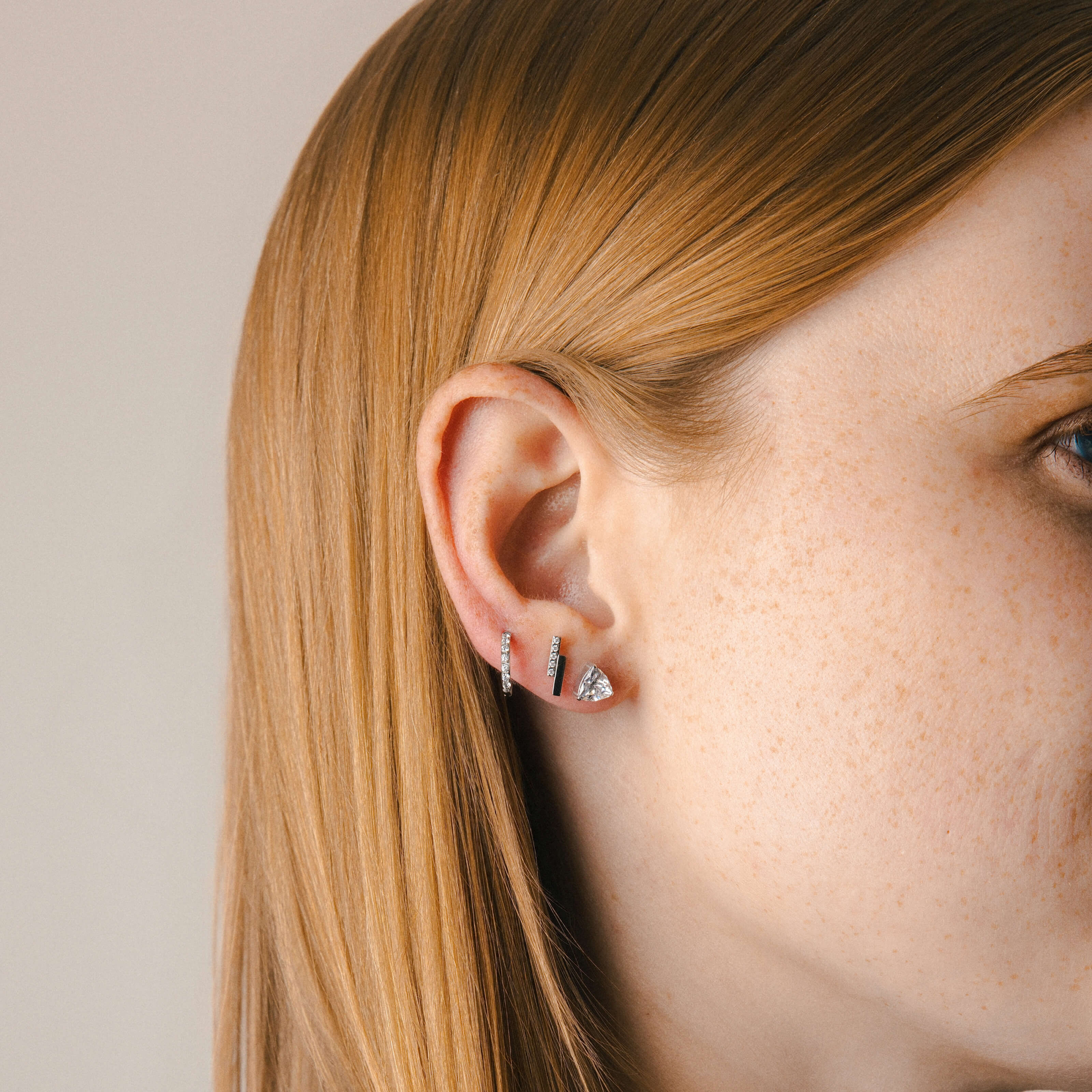 Pave Huggie, 11mm and Pave Lightning Bar and Celestial Crystal Trillion Nap Earrings - Silver - On Model