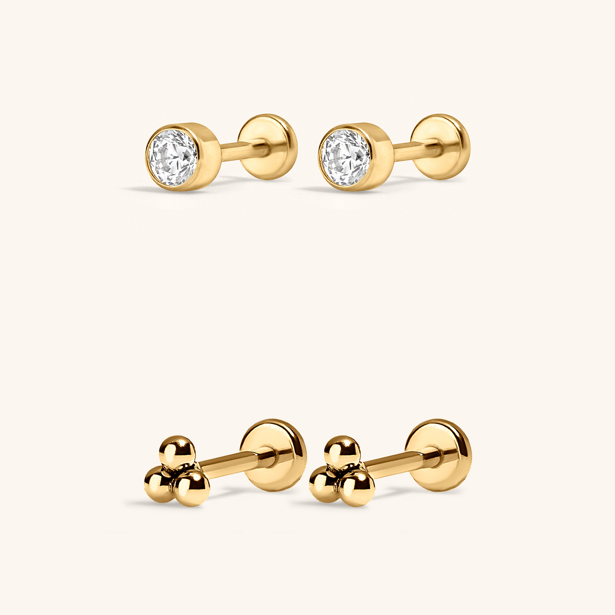 Minimalist Nap Earrings Duo - Celestial Crystal Bezel Solitaire Nap Earrings and Trinity Nap Earrings in Gold
