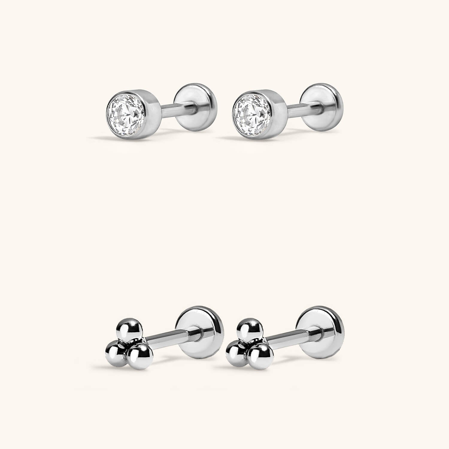 Minimalist Nap Earrings Duo - Tiny Crystal Nap Earrings and Tiny Trinity Nap Earrings in Silver