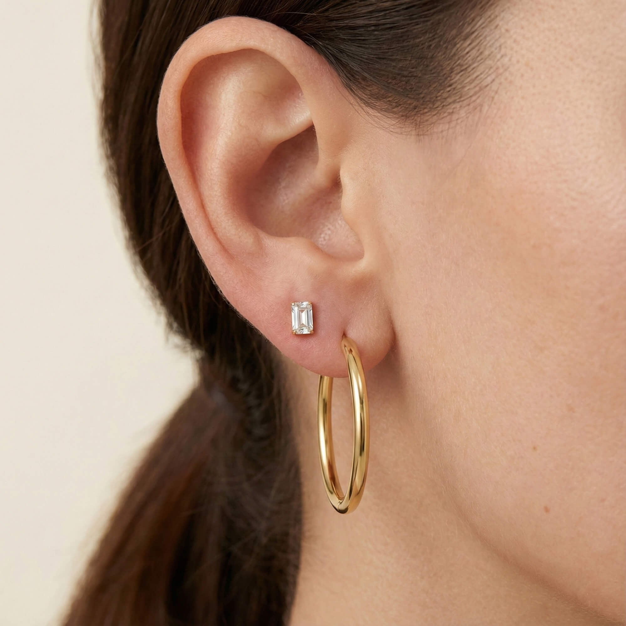Modern Essentials Duo - Mini Celestial Crystal Emerald Cut Nap Earrings and Classic 1" Hoops in Titanium (Gold) on model