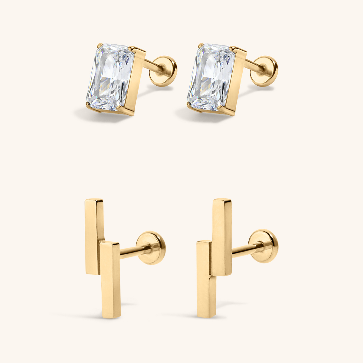 Modernist Nap Earrings Duo - Celestial Crystal Emerald-Cut, 6mm and Lightning Bar Nap Earrings in Gold
