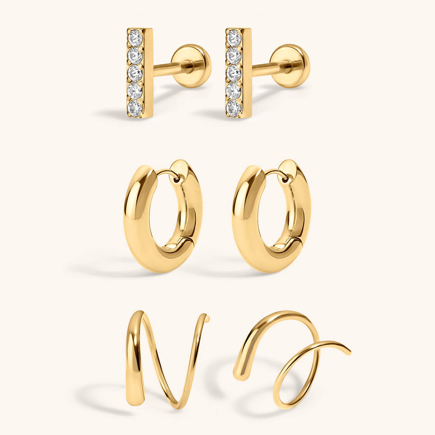 Off Duty Stack- Pave Bar Nap Earrings with Twirl Hoops and Every Body Hoops, 18mm Gold