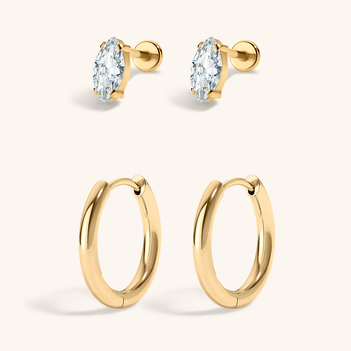 The Signature Essentials Duo - Celestial Crystal Marquise Nap Earrings and Classic Hoops, 15mm Gold