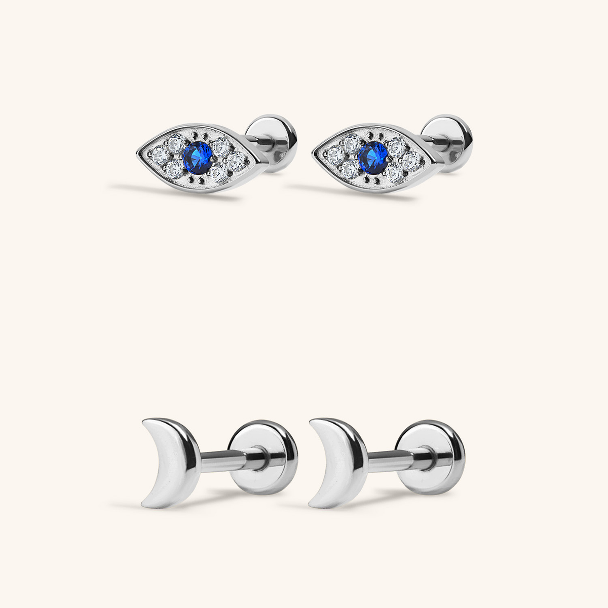 Cosmic Nap Earrings Duo - Evil Eye Nap Earrings and Moon Nap Earrings in Silver