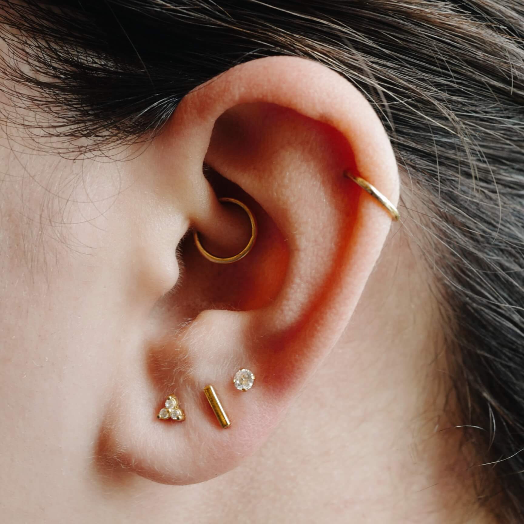 Classic Cartilage Hoop and Everyday Nap Earrings Trio (Gold) on model