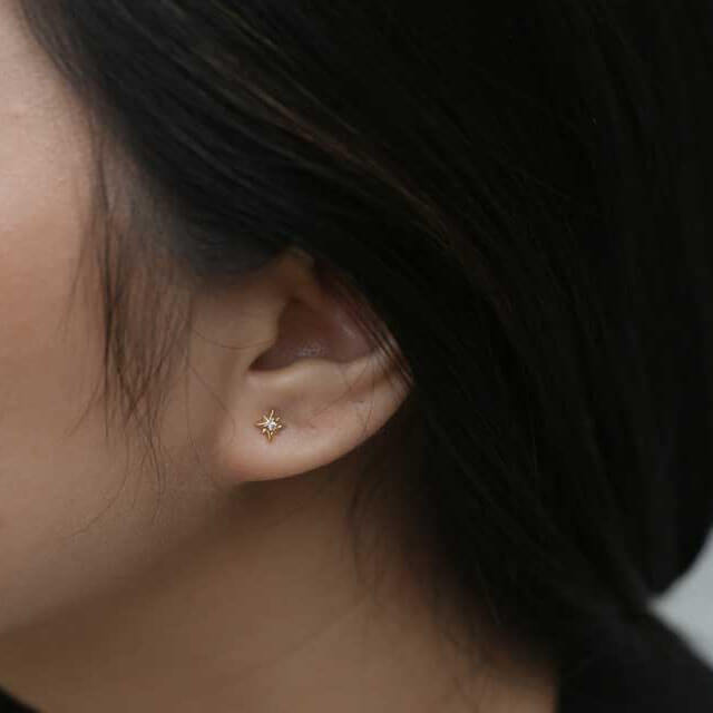 North Star Threaded Flat Back Earring (Titanium - Gold) on model
