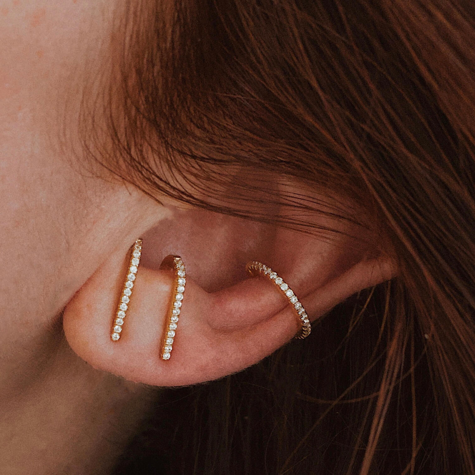 Celestial Hook Earrings in Gold Vermeil on model