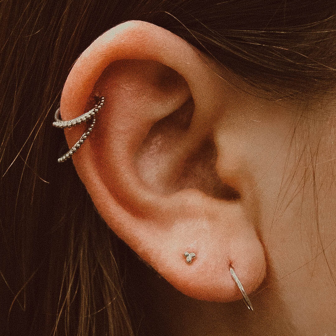 Mini Crystal Trinity Studs in Titanium on model (Silver)