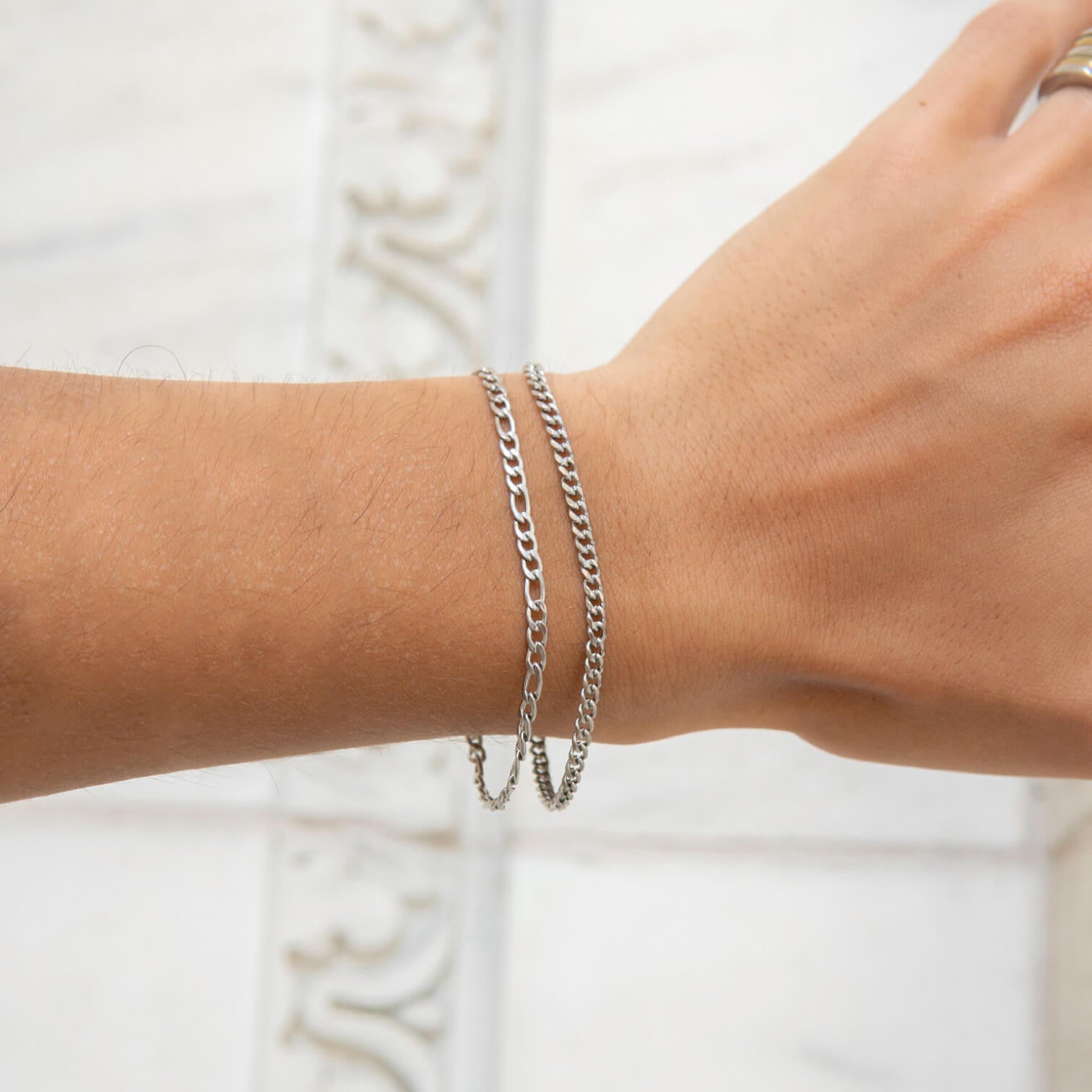 Poet Bracelet (Silver) and Rebel Bracelet (Silver) on model