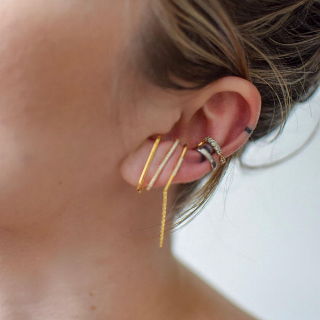 Classic Suspender Earrings in Sterling Silver on model