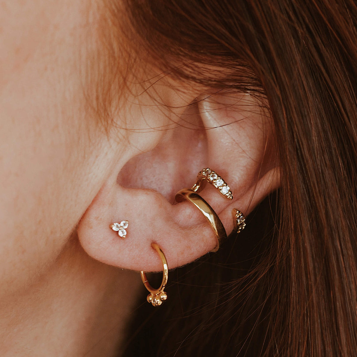 Tiny Trinity Ball Back Earrings in 14K Gold, Pair of Earrings / Gold at Maison Miru