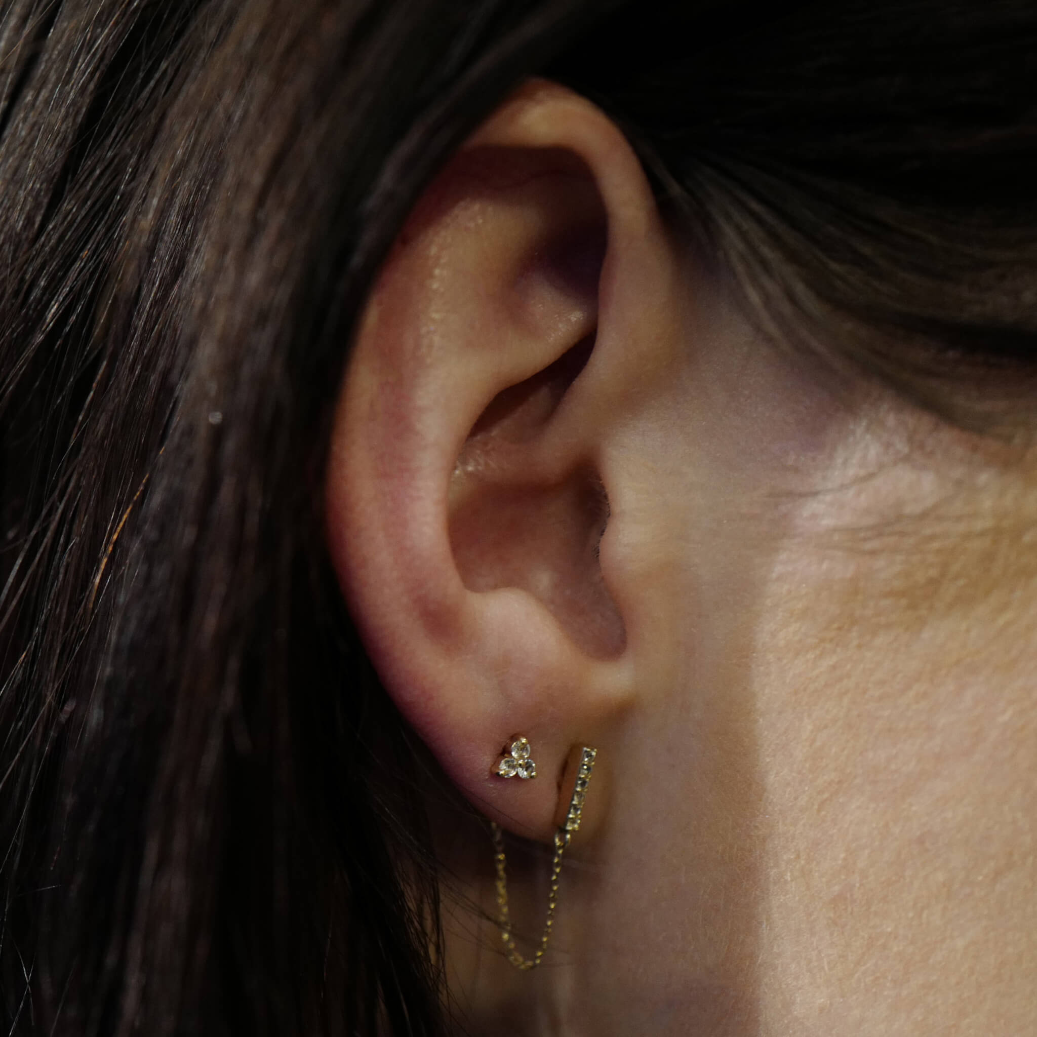 Crystal Trinity Studs in 14k Gold on model