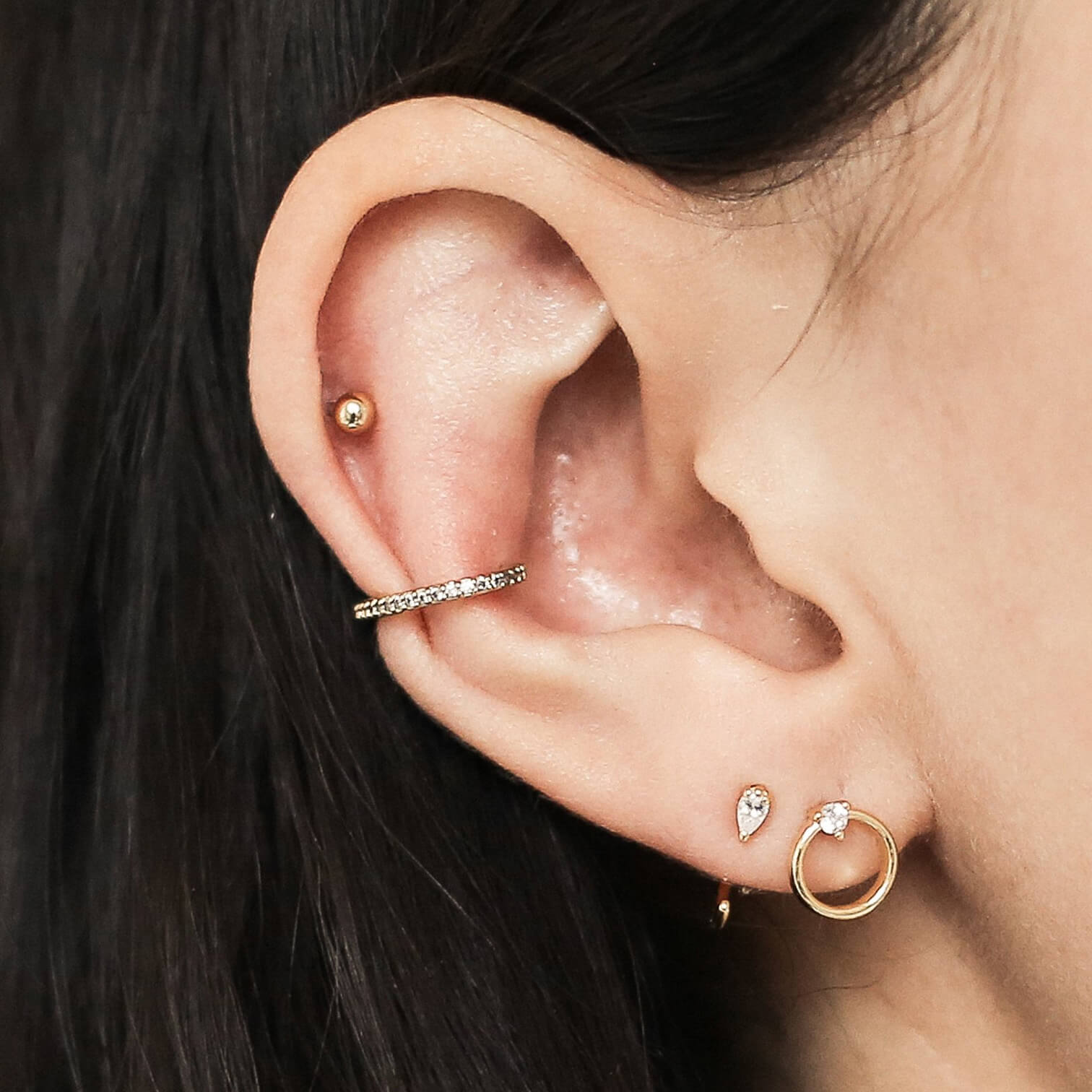 Little Sphere Threaded Flat Back Earring (Titanium - Gold) on model