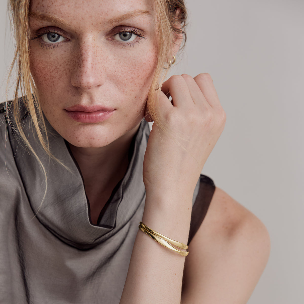 Mobius and Echo Bangles on Model - Gold