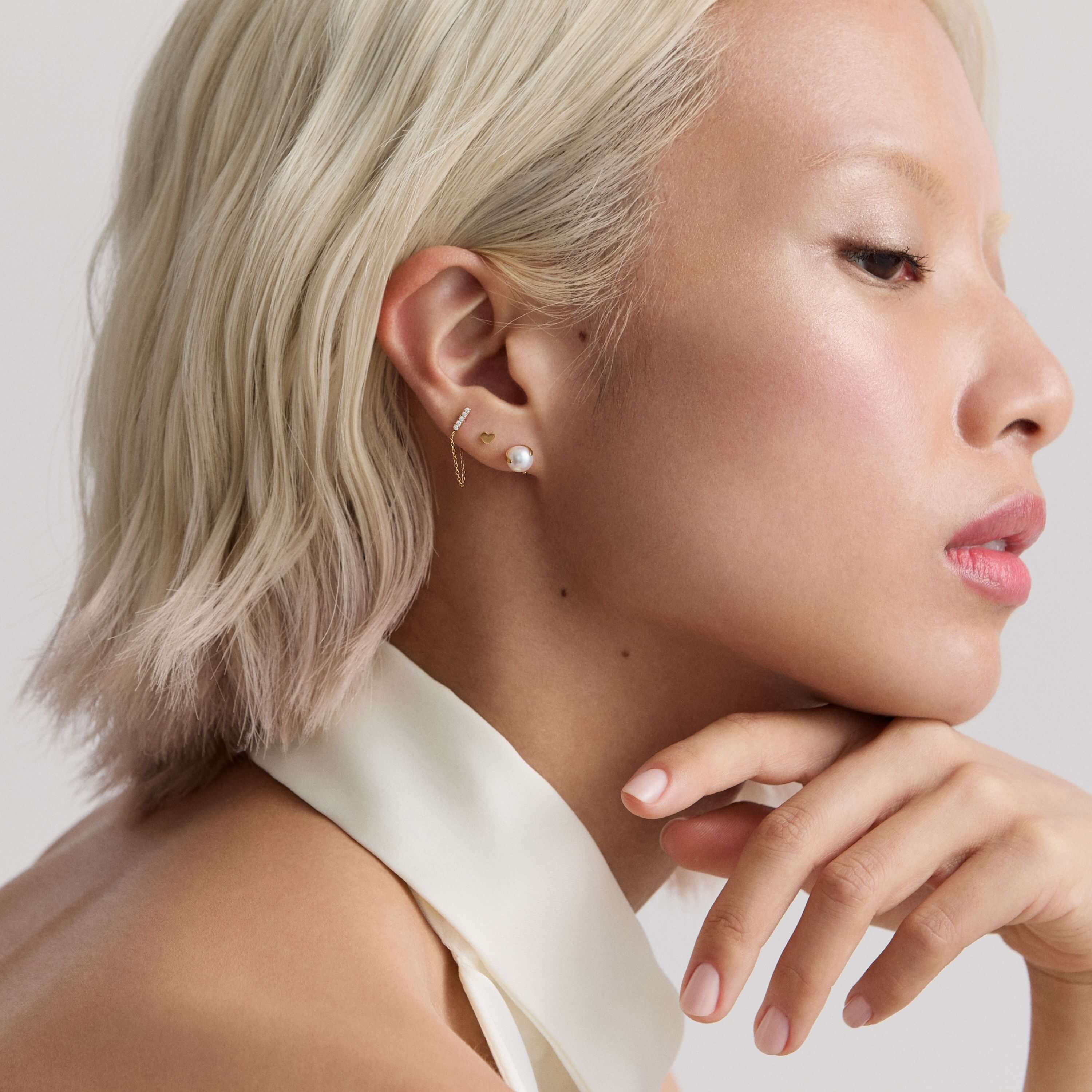Pave Bar Chain, Heart and Pearl, 6mm Nap Earrings on Model