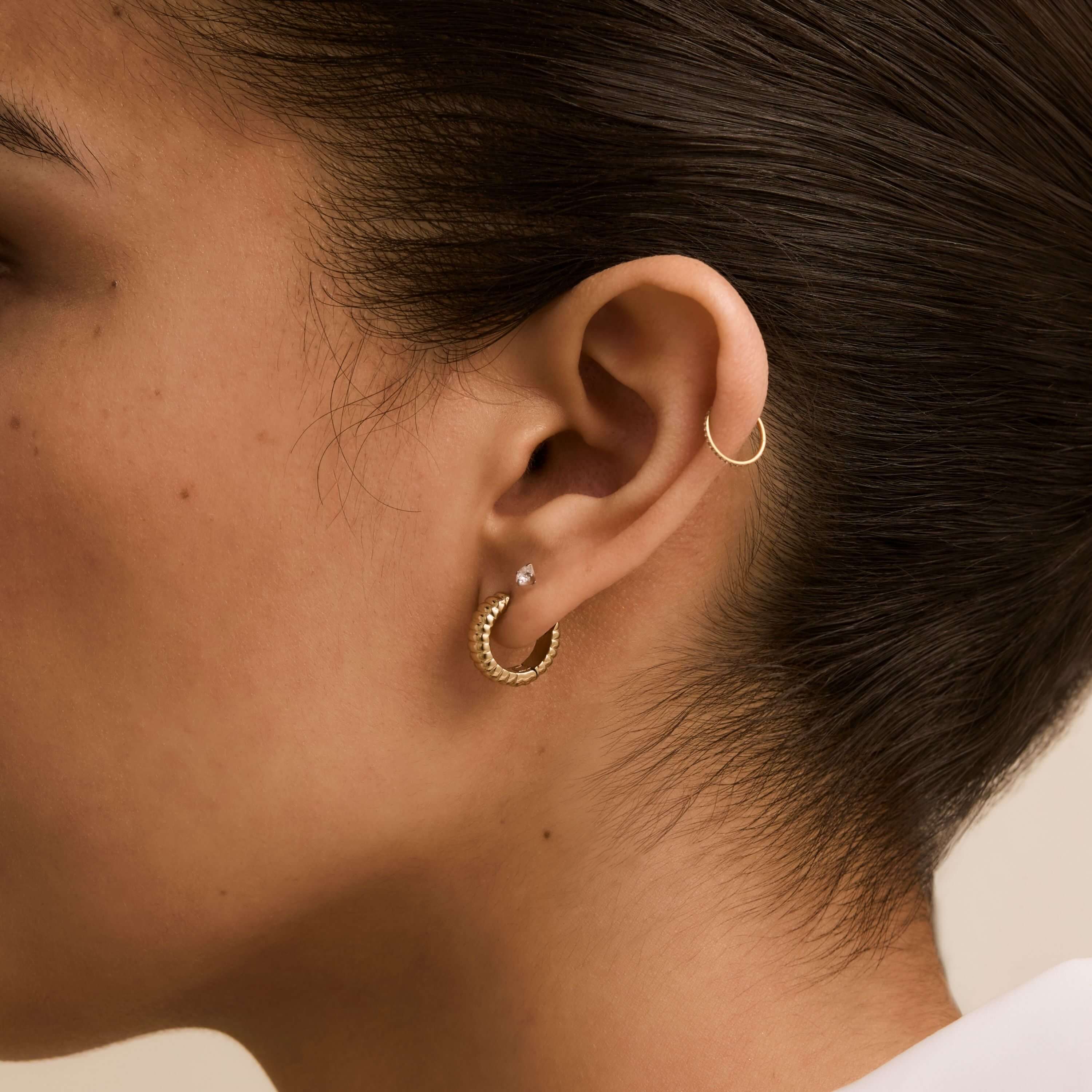 Plisse Huggie Hoops with Lab Grown Diamond Nap Earrings, 0.2 TCW and Eternity Cartilage Hoop on Model