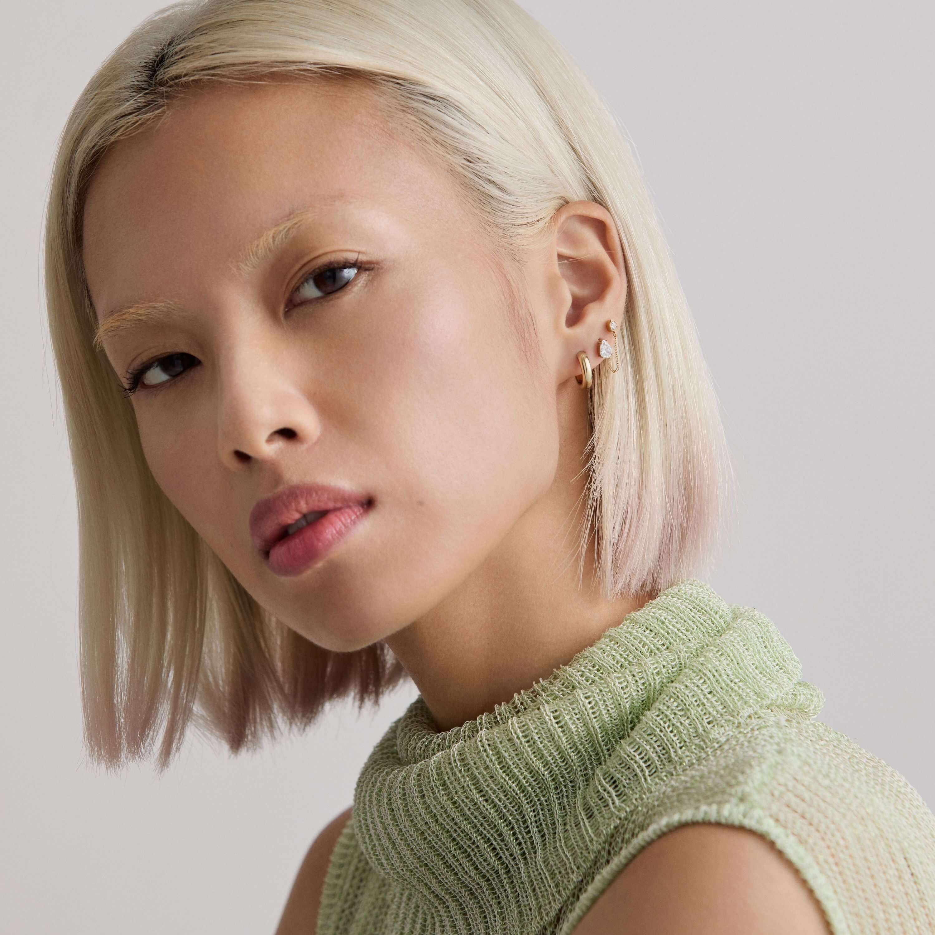 Bold Huggie Hoops, 12mm with Crystal Pear, 6mm and Bezel Pear Chain Nap Earrings on Model