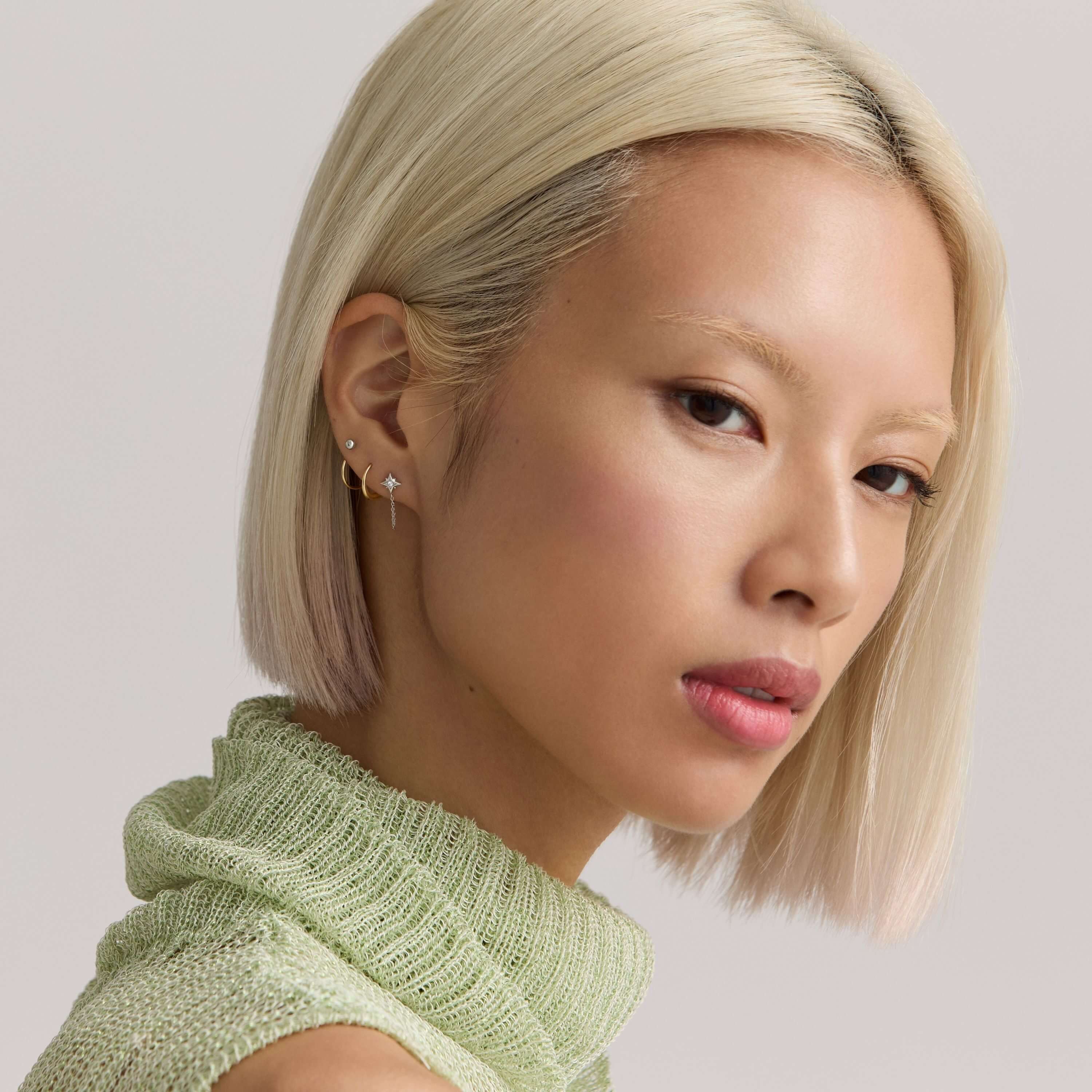 North Star Chain and Sphere, 3mm Nap Earring with Twirl Hoops on Model