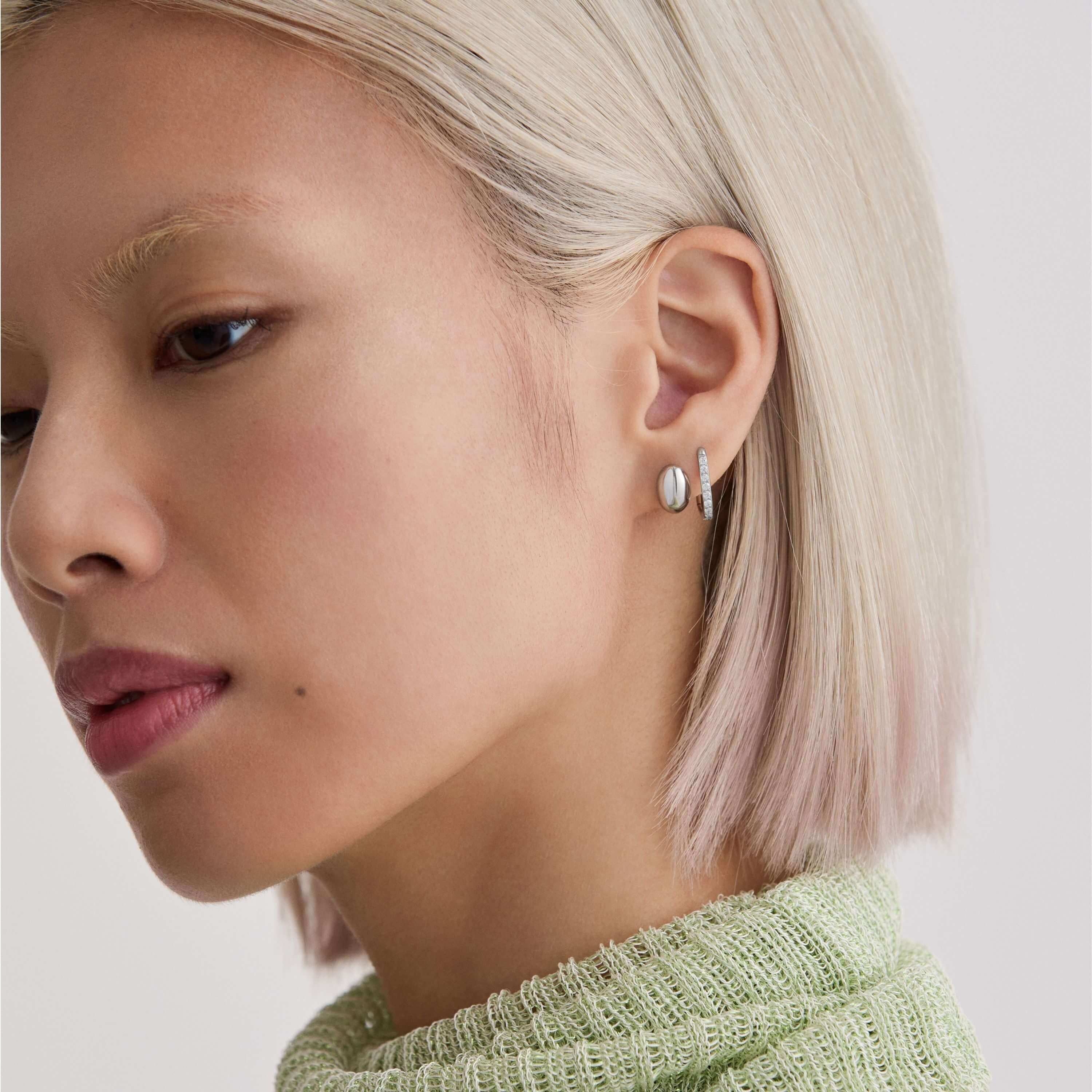 Oval Studs and Pave Halo Oval Hoops, 15mm on Model