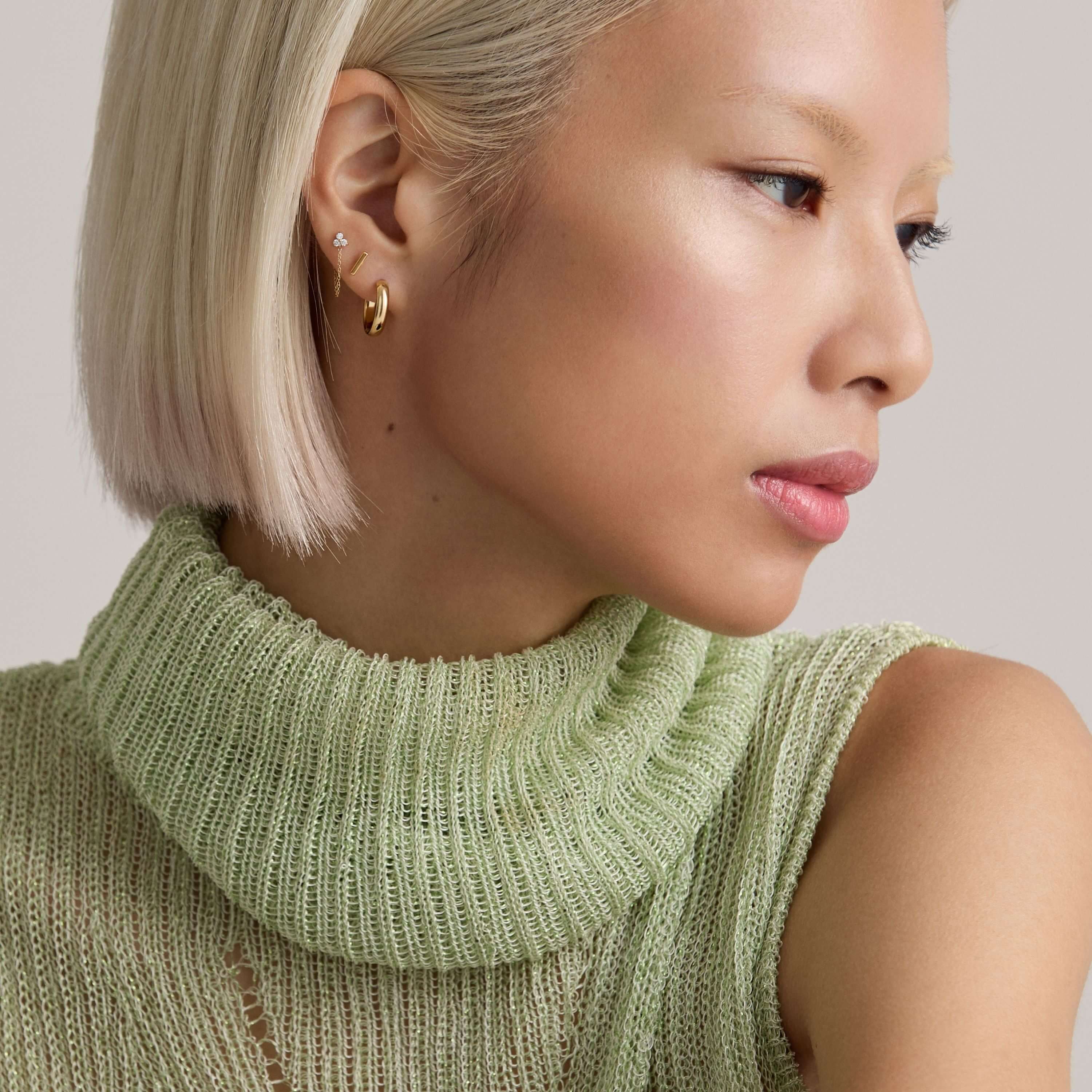 Bold Hoops, 14mm with Crystal Trinity Chain and Bar Nap Earrings on Model