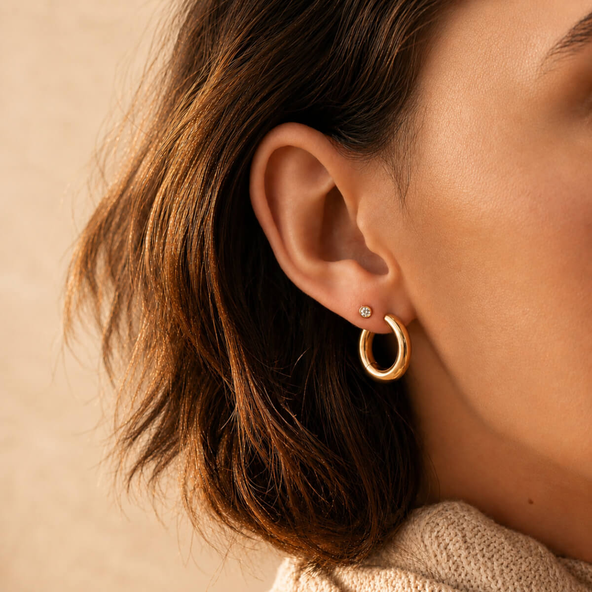 Celestial Crystal Bezel Solitaire Nap Earrings and Every Body Hoops
 in Gold on model