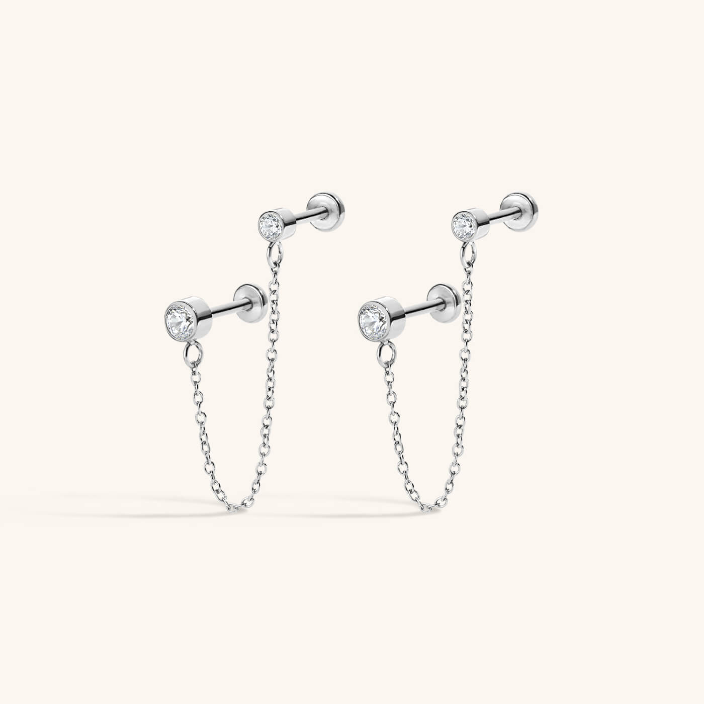 Tiny Crystal Duo Chain Nap Earrings - Silver