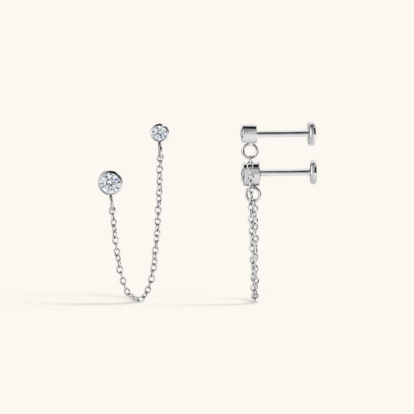 Tiny Crystal Duo Chain Nap Earrings - Silver