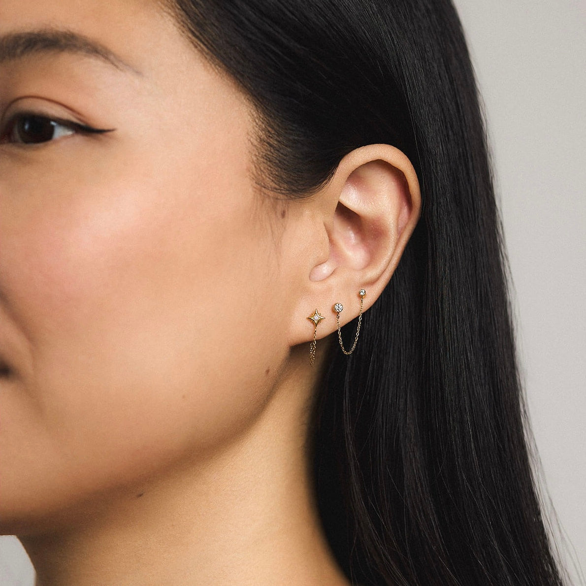 North Star Chain Nap Earring -  Gold and Tiny Crystal Duo Chain Nap Earring -  Gold (On Model)