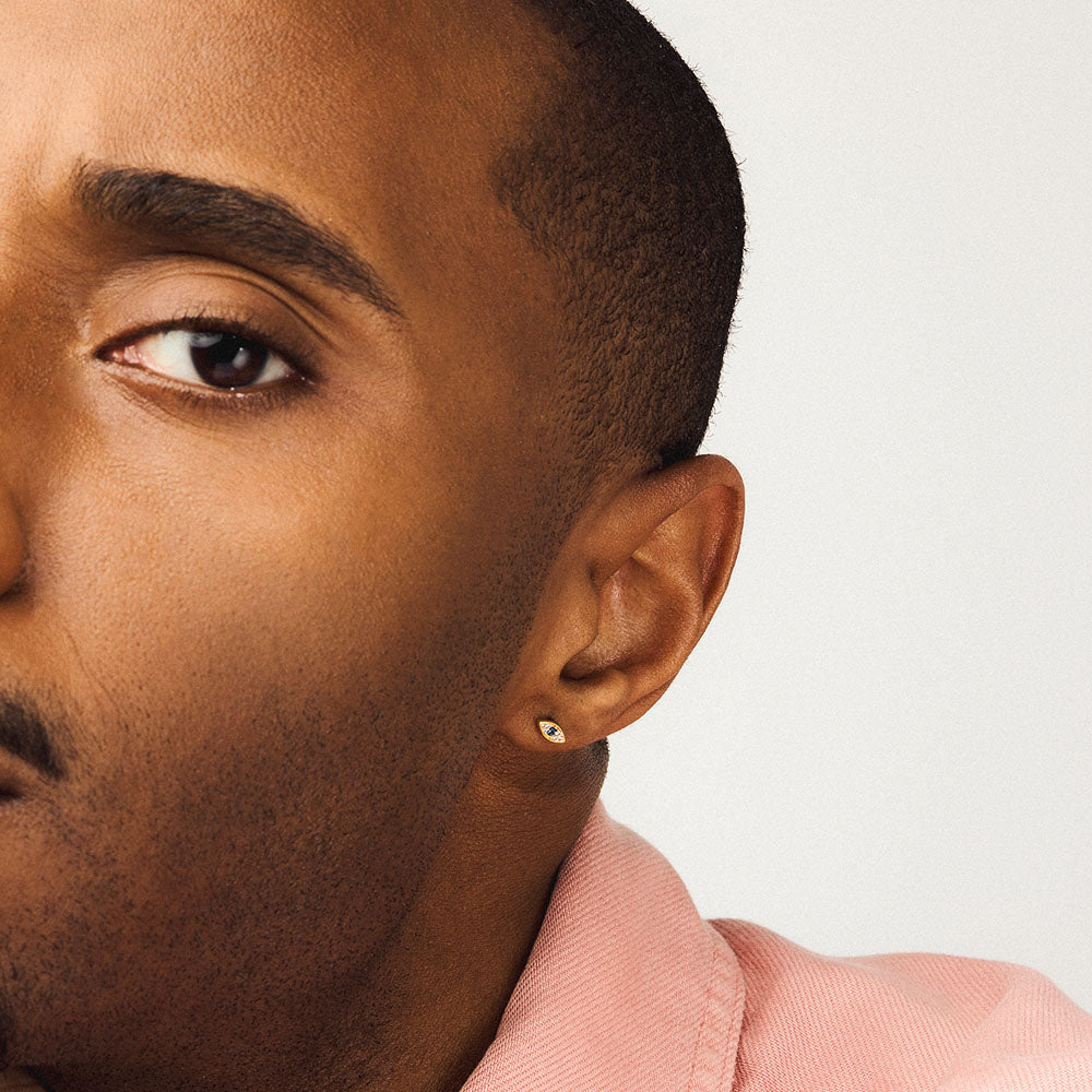 Evil Eye Push Pin Flat Back Earring in Gold on model