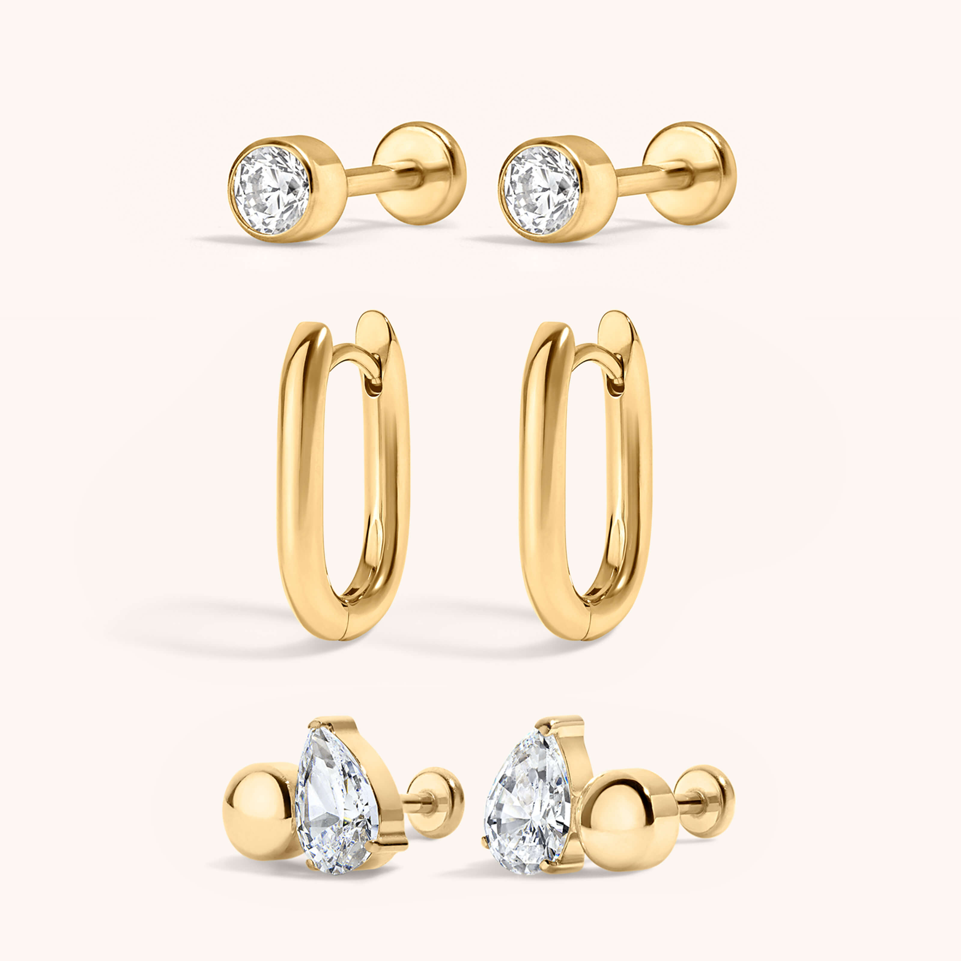 Expressionist Stack - Celestial Crystal Bezel Solitaire and Toi Et Moi Nap Earrings with Halo Oval Hoops, 15mm Gold