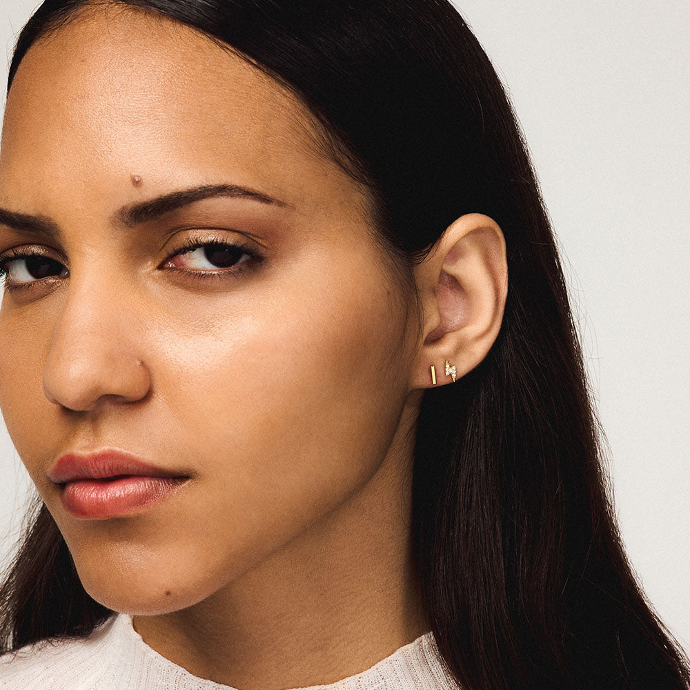 Little Bar and Pave Lightning Push Pin Flat Back Earring on model in gold