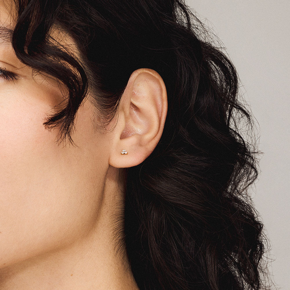 Mini Crystal Trinity Push Pin Flat Back Earring in Gold on model