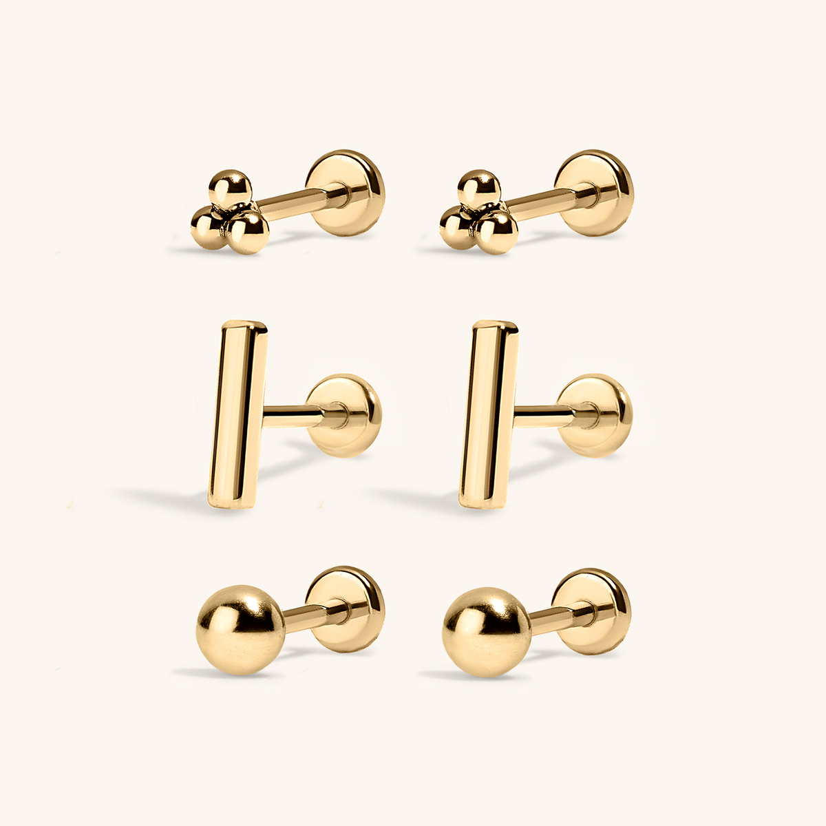 Minimalist Nap Earrings Trio (Gold) with Bar Nap Earrings, Trinity Nap Earrings, and Sphere Nap Earrings, 3mm