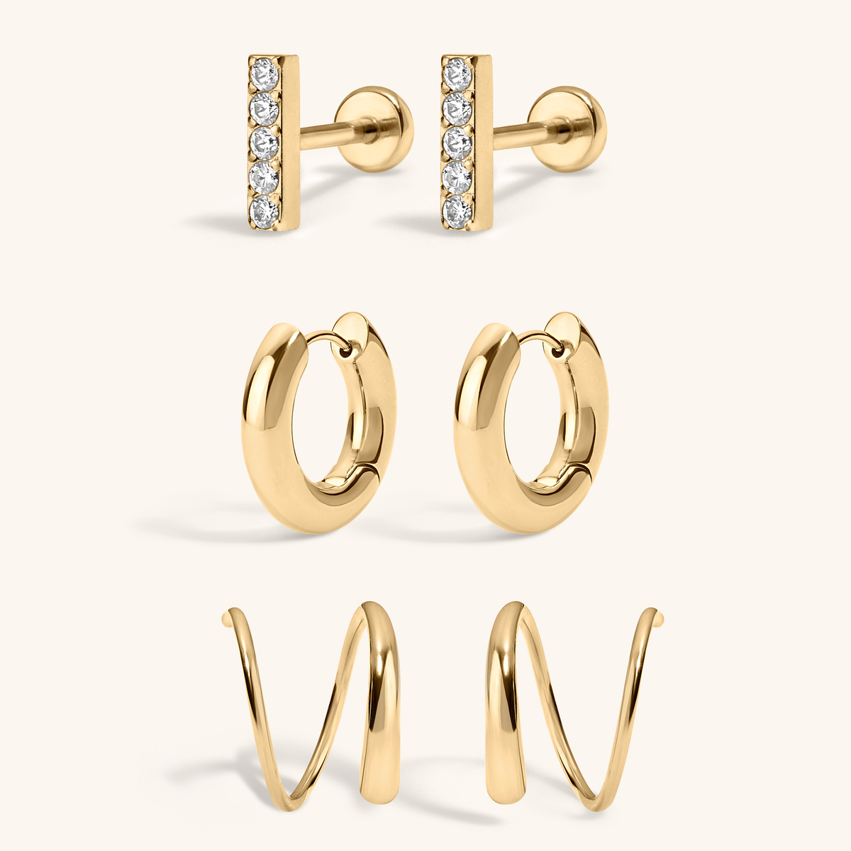 Off Duty Stack- Pave Bar Nap Earrings with Twirl Hoops and Every Body Hoops, 18mm Gold