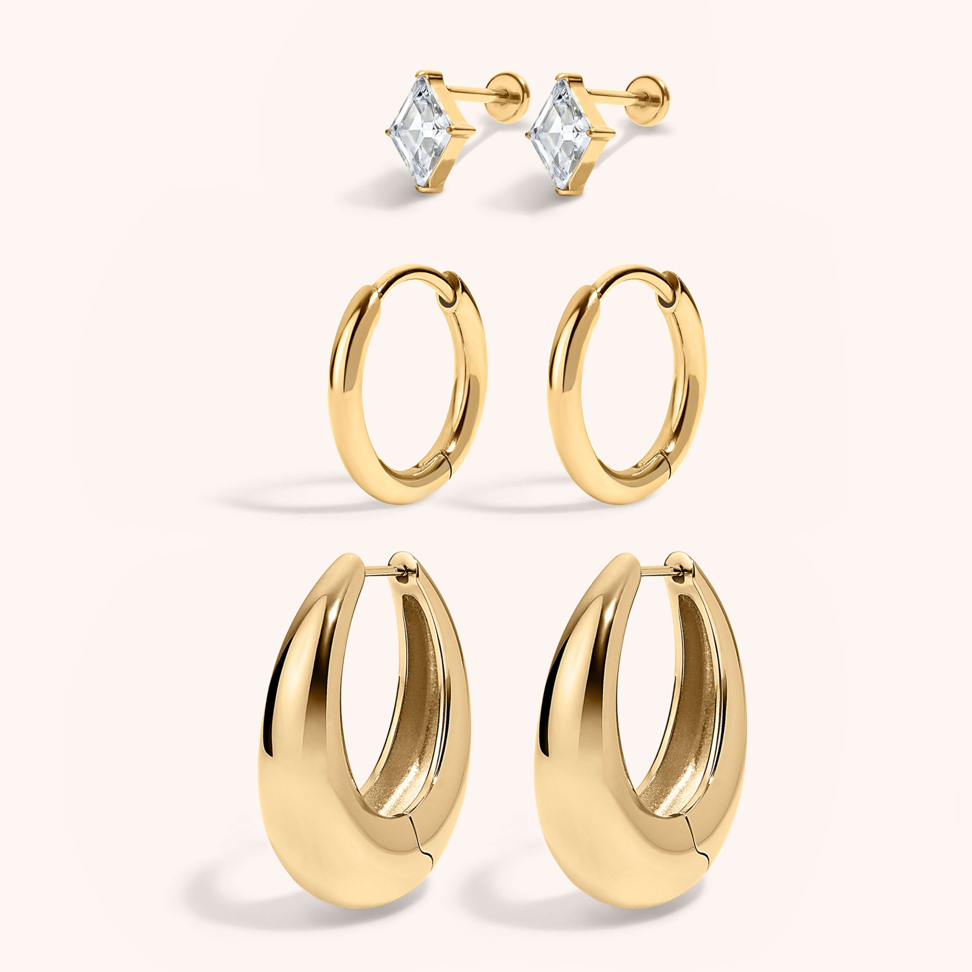Secret Garden Stack - Celestial Crystal Lozenge Nap Earrings with Classic Huggie Hoops, 11mm and Oeuf Hoops Gold